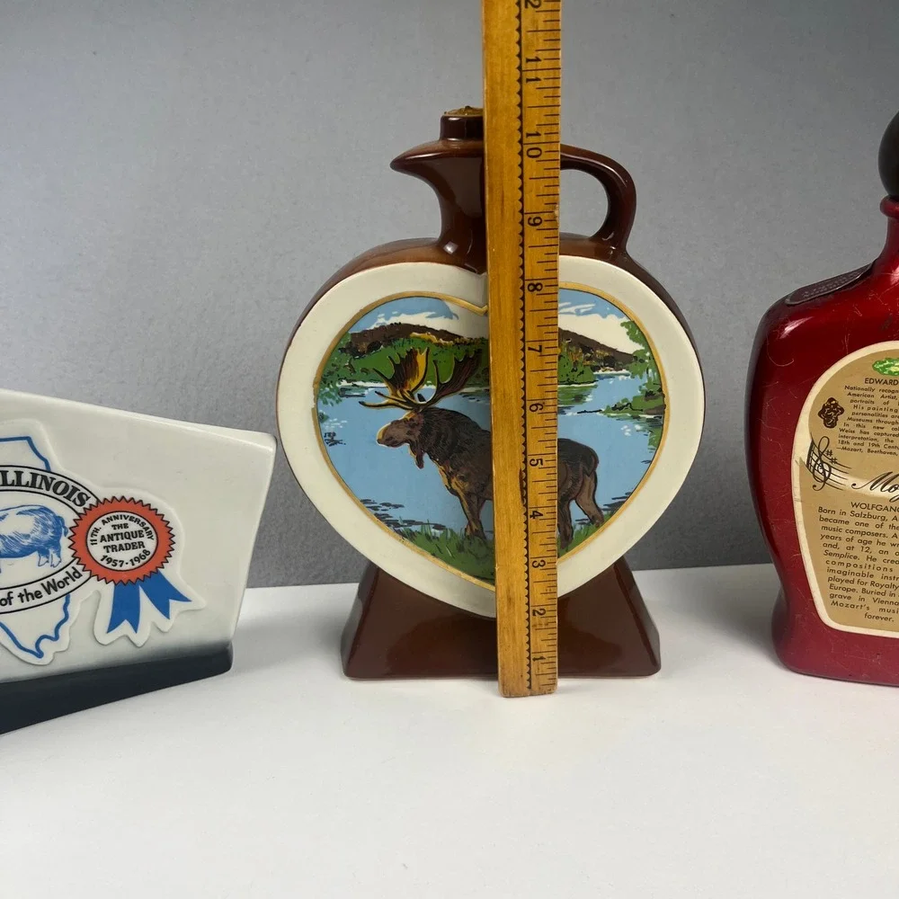 VTG Jim Beam Decanter Lot 3 Ceramic Moose Antique Trader Mozart Barware Kitsch